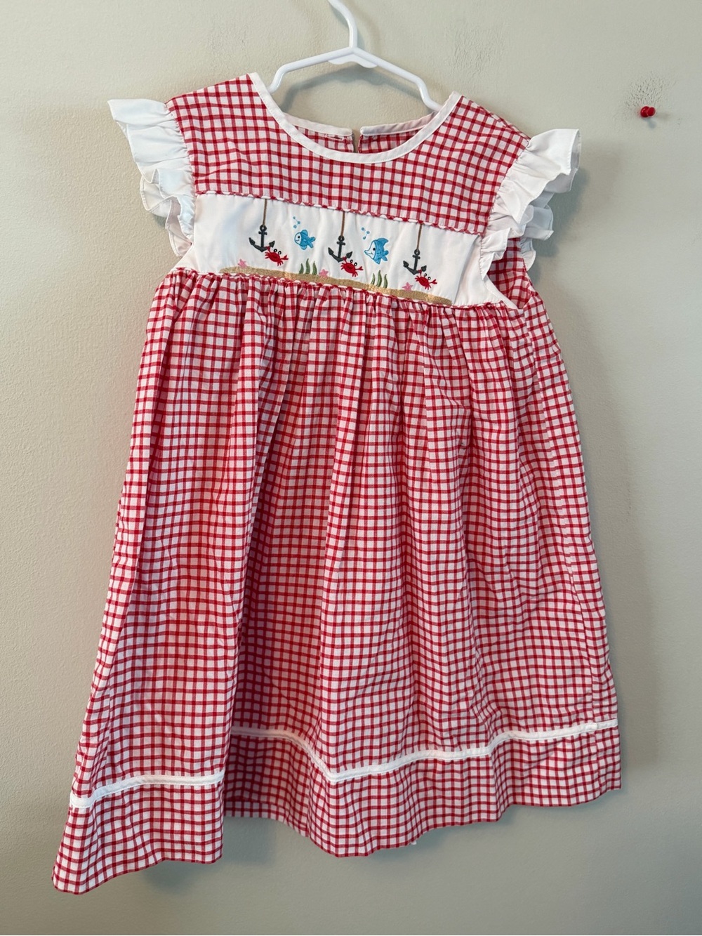 Petit Ami Red Gingham Embroidered Sea Life Kids Dress